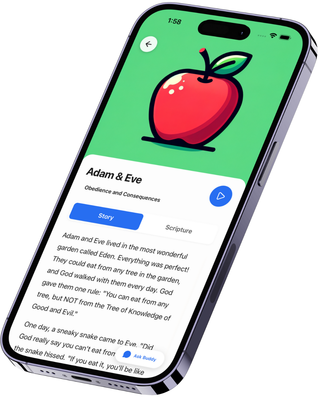 BibleBuddy Kids app interface showing Bible story grid