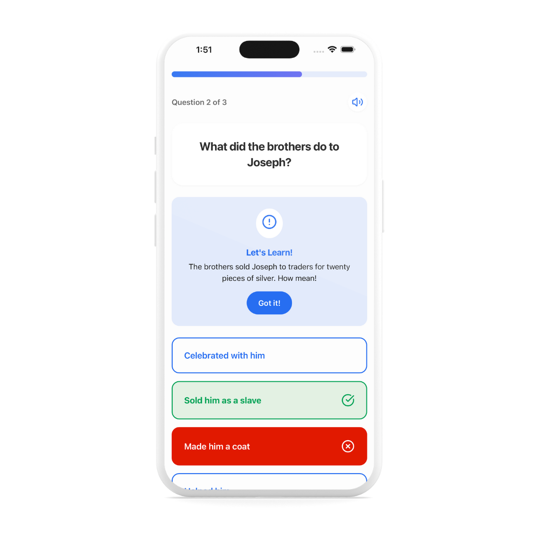 Quiz interface showing question about David and Goliath