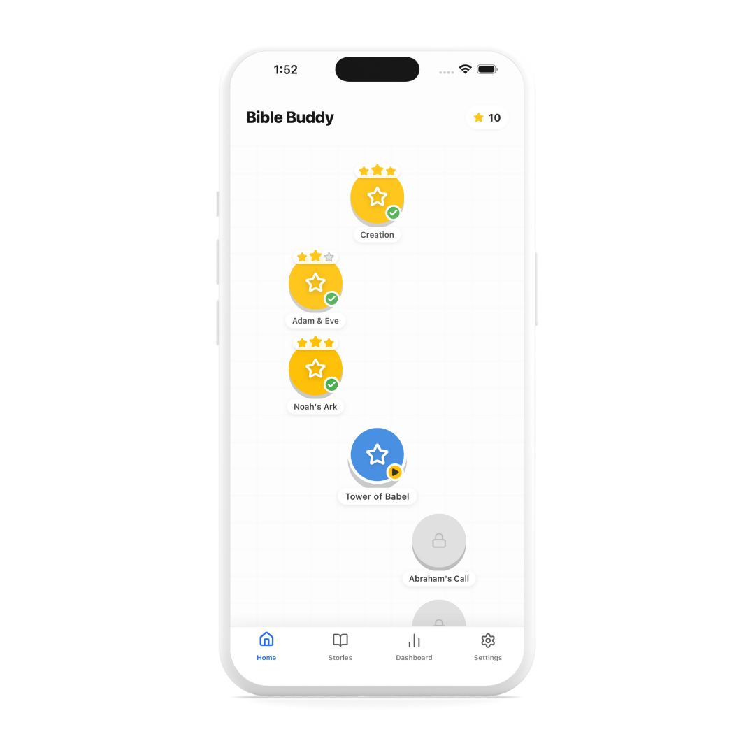Learning path showing connected Bible story nodes with progress stars