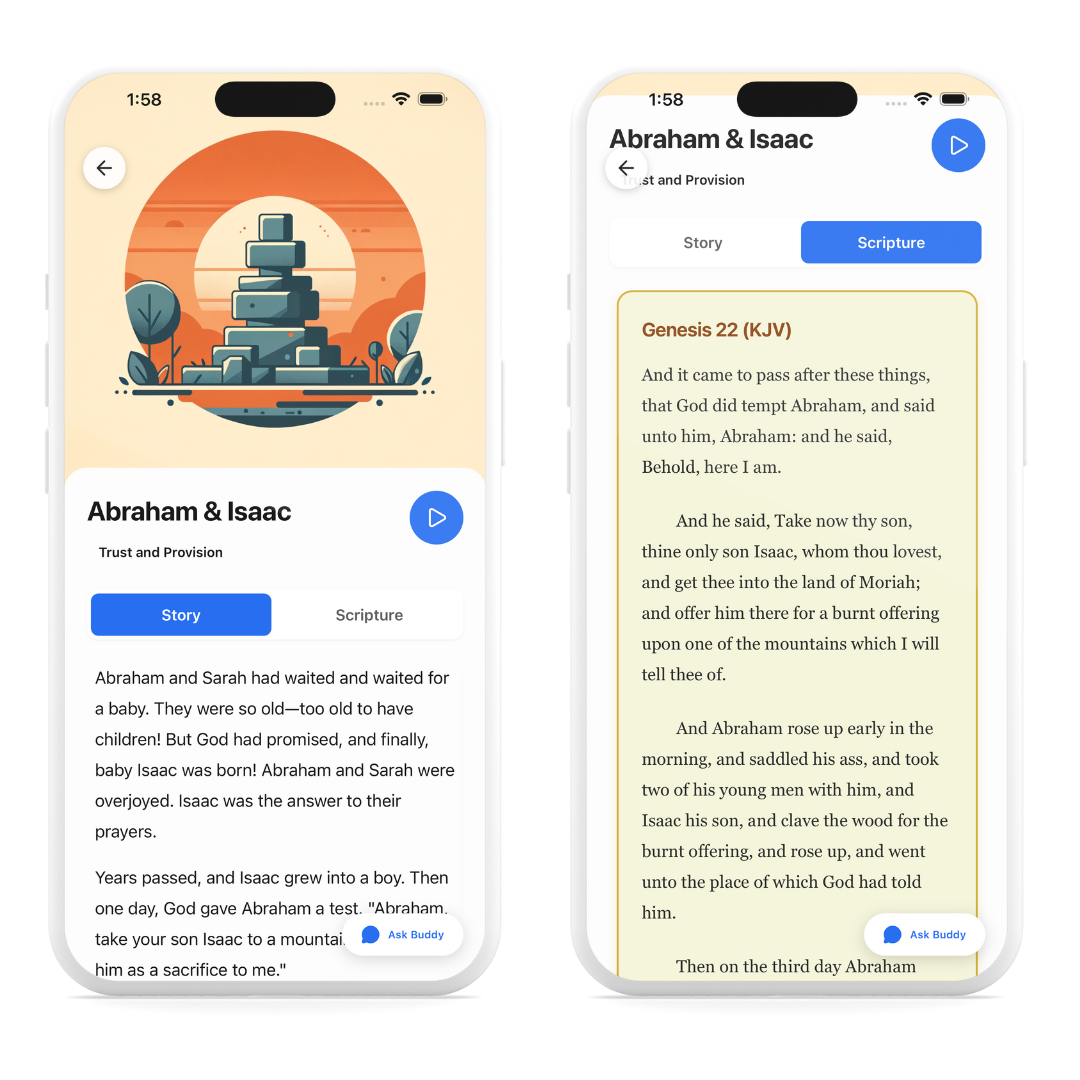 App interface showing kid-friendly story with KJV Scripture